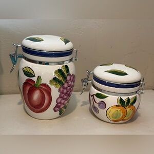Set Of 2 Tuscano Orchard Hand Painted Kitchen Canisters Fruit Decor Locking Lid